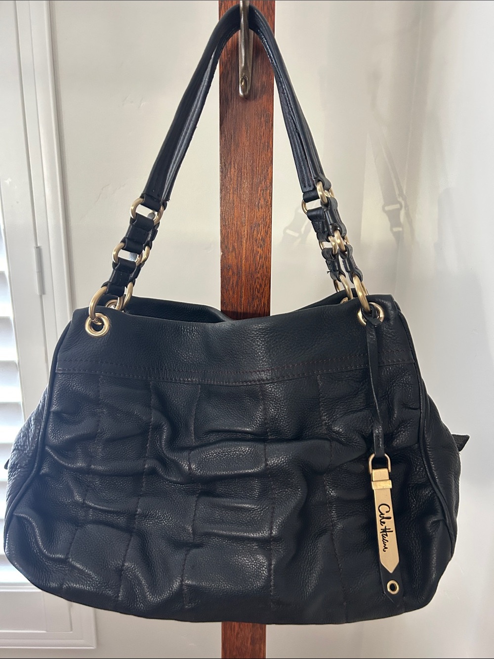 COLE HAAN Bailey II Black Pebbled Ruched Leather Shoulder Bag Gold Hardware